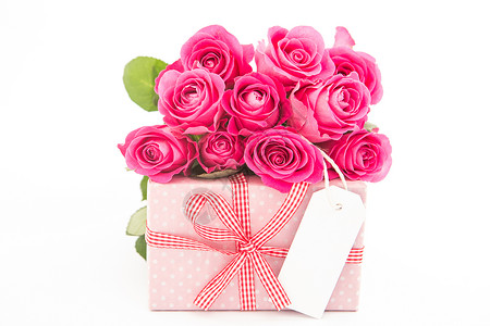 粉红色标签一束美丽的粉红玫瑰 紧靠着一件粉红色的礼物 白底空卡片背景