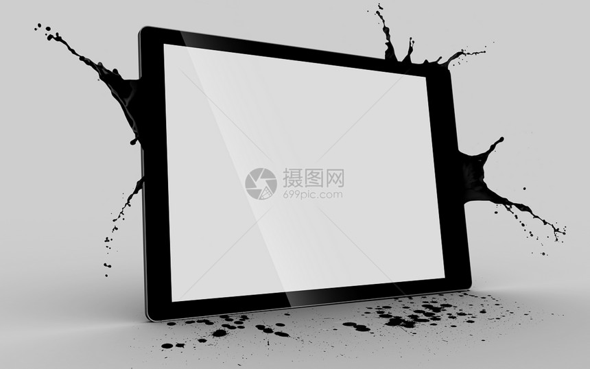 带白屏幕的平板电脑飞溅数字背景黑色技术展示触摸屏药片空白艺术图片
