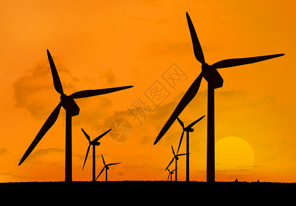 两条线日落的风力涡轮机背景图片