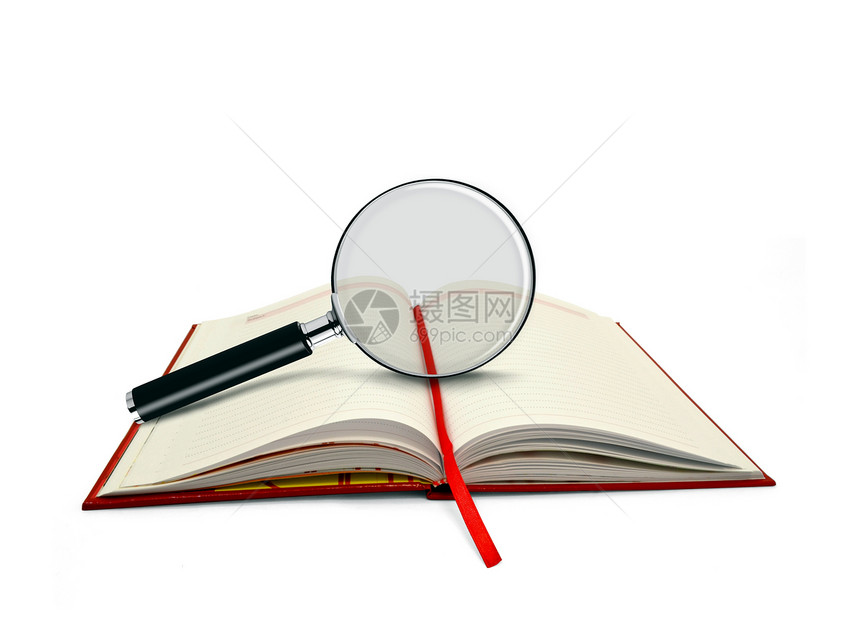 开放书上的放大镜知识书签教育眼镜图书馆学习科学文学研究字典图片