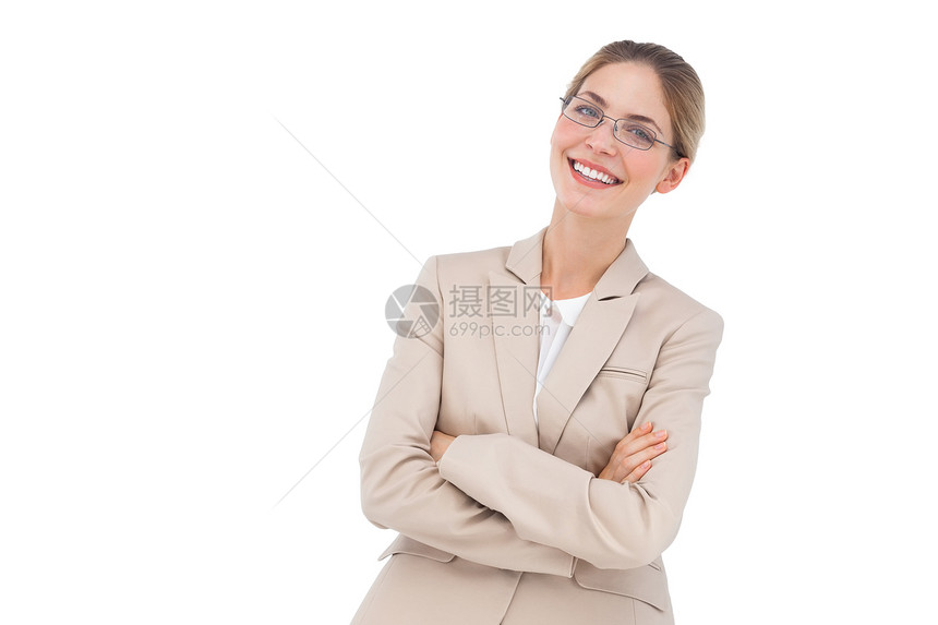 带着眼镜微笑的女商务人士夹克商务女性女士人士商业双臂套装快乐图片