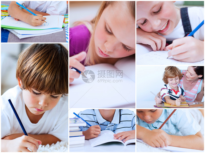 在校学生的拼凑着色头发数字拼贴画专注棕色闲暇工艺男生家庭作业图片