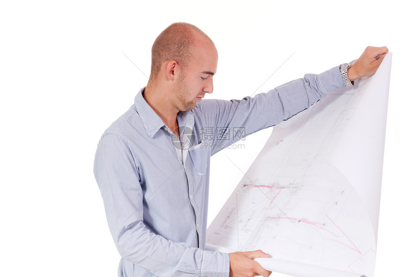 具有蓝图的青年成年商务人士建筑师人士办公室管理人员男性绘画成人工程商务项目工作图片
