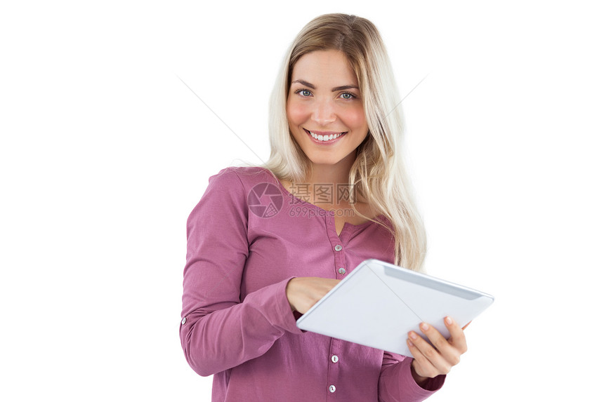 使用平板电脑Pc微笑的金发女人长发药片触摸屏女性女士金发女郎技术快乐浅色头发图片
