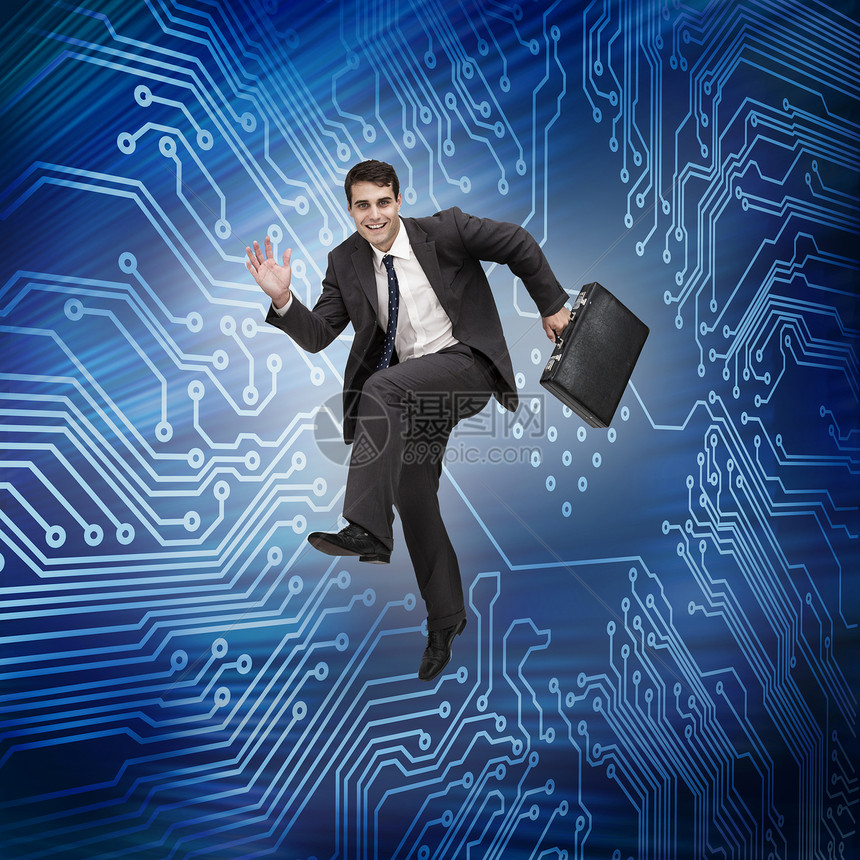 商务人士在空中跳跃套装科学男性快乐男人夹克领带计算机商业未来派图片