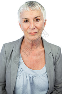 严重女人看相片女性岁月外套西装退休女士流金头发短发姿势背景图片