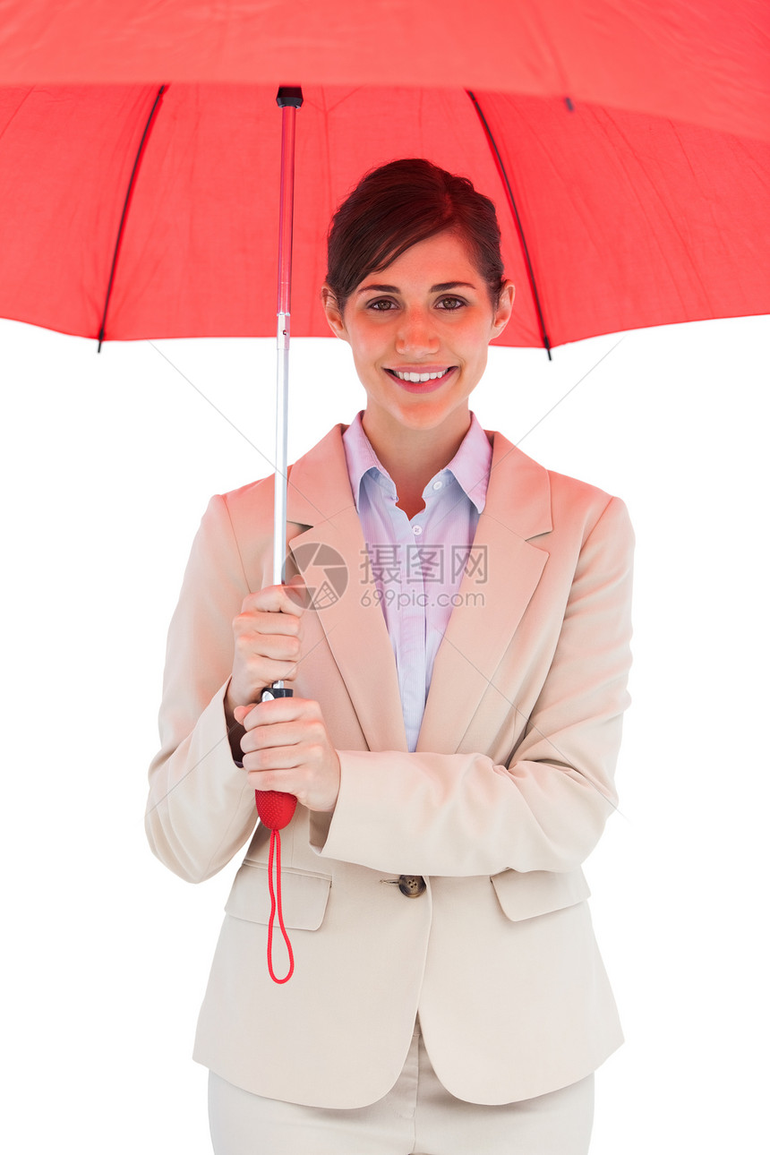 带着红伞的年轻女商务人士图片