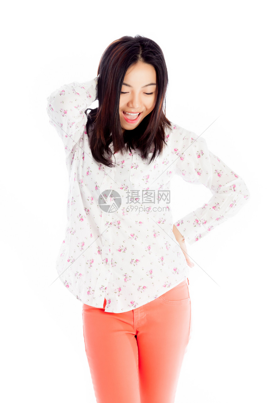 有吸引力的亚洲女孩 20岁在演播室拍摄喜悦衬衫橙子幸福快乐女性腰部成人白色休闲服图片