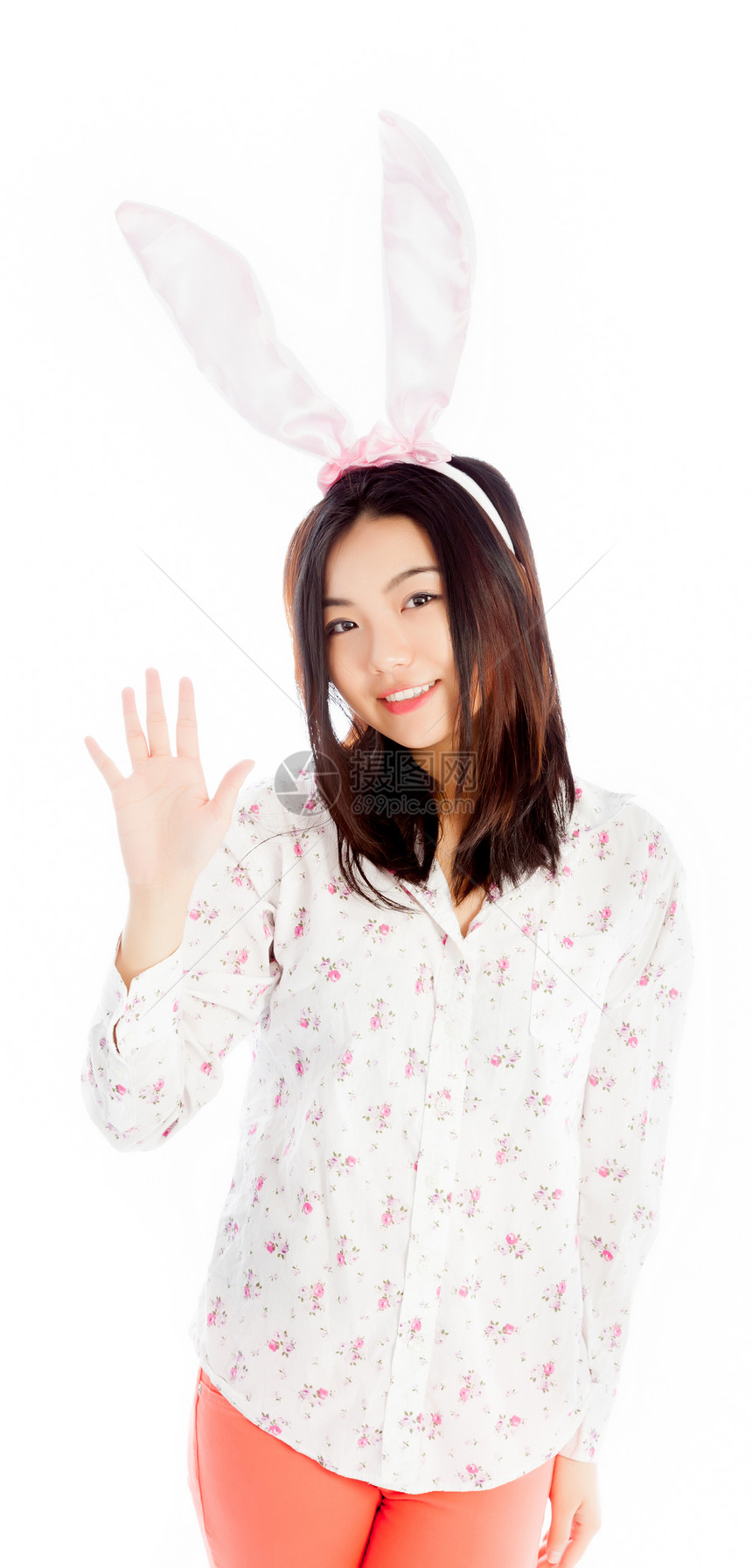 有吸引力的亚洲女孩 20岁在演播室拍摄冒充耳朵成功成人休闲服幸福黑发女性快乐兔子图片