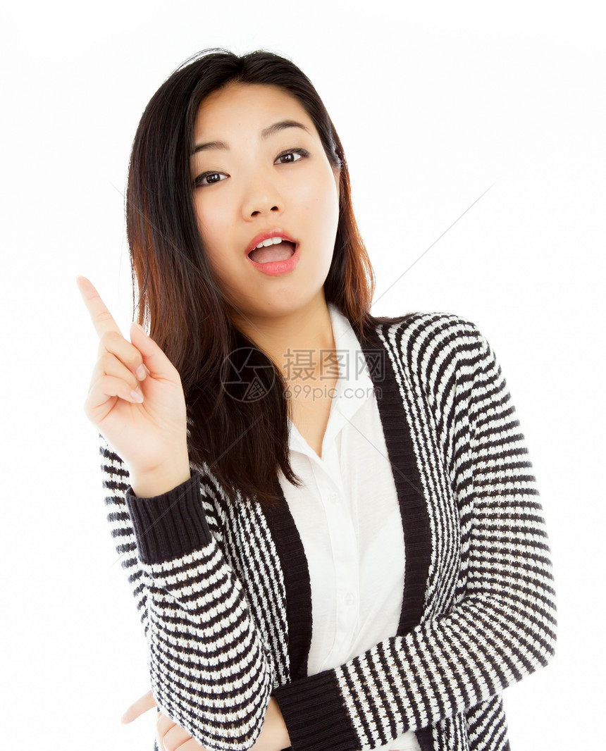 有吸引力的亚洲女孩 20岁在演播室拍摄成人冒充幸福休闲服女性开襟衫微笑快乐解决方案腰部图片