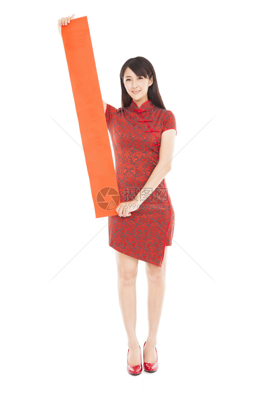 中国女人为庆祝中国人 持白红边裙的中国女人图片