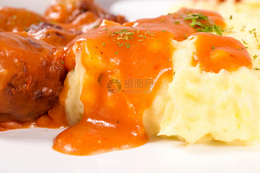 土豆泥蔬菜猪肉美食午餐派对异国食物晚餐宏观盘子图片