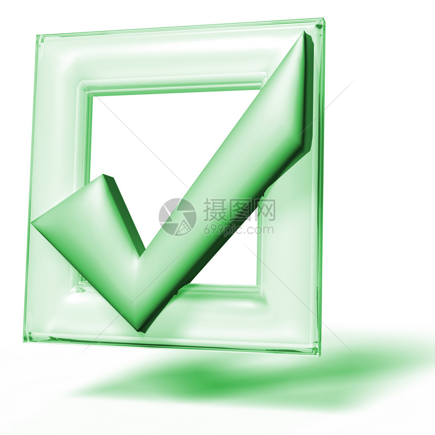 绿色复选框标记 3D插图正方形商业白色框架渲染解决方案图片