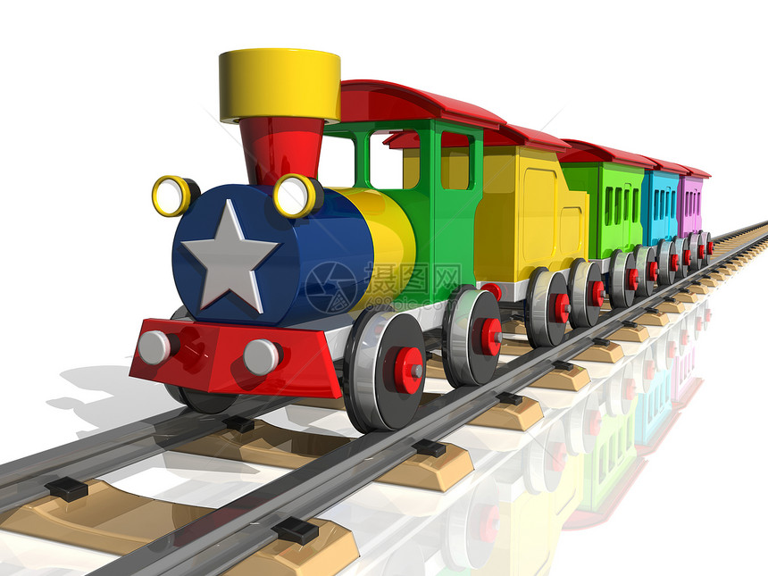 多色马车的玩具火车 3d孩子闲暇积木想像力运输机车反射货运蒸汽电脑图片
