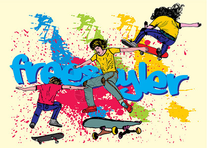 青年男性滑板城市滑冰队向量艺术行动乐趣娱乐男生木板男人运动孩子竞赛溜冰者插画