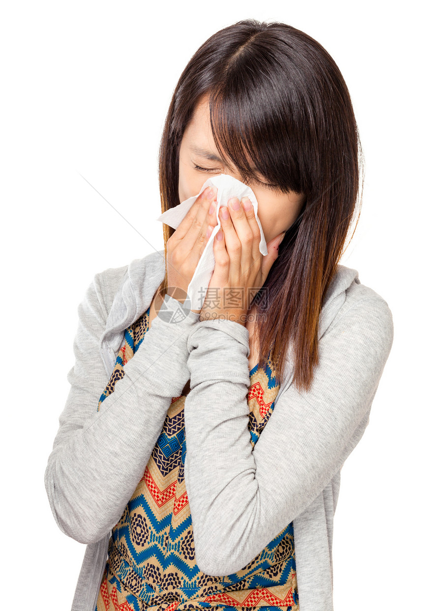 寒冷的打喷嚏的亚洲女人女性疾病喷嚏流感治疗过敏白色鼻子生活组织图片
