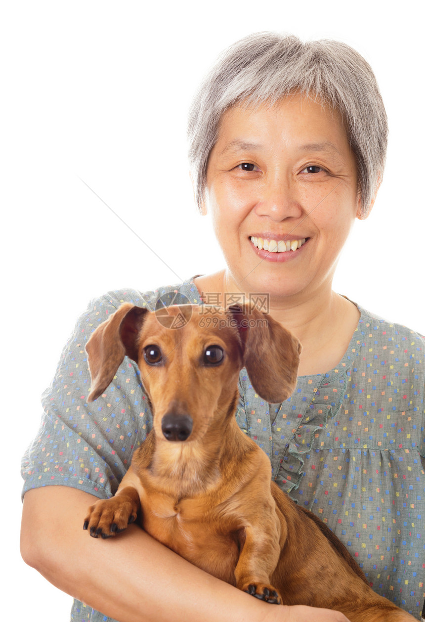 亚裔老妇人和达赫松狗图片