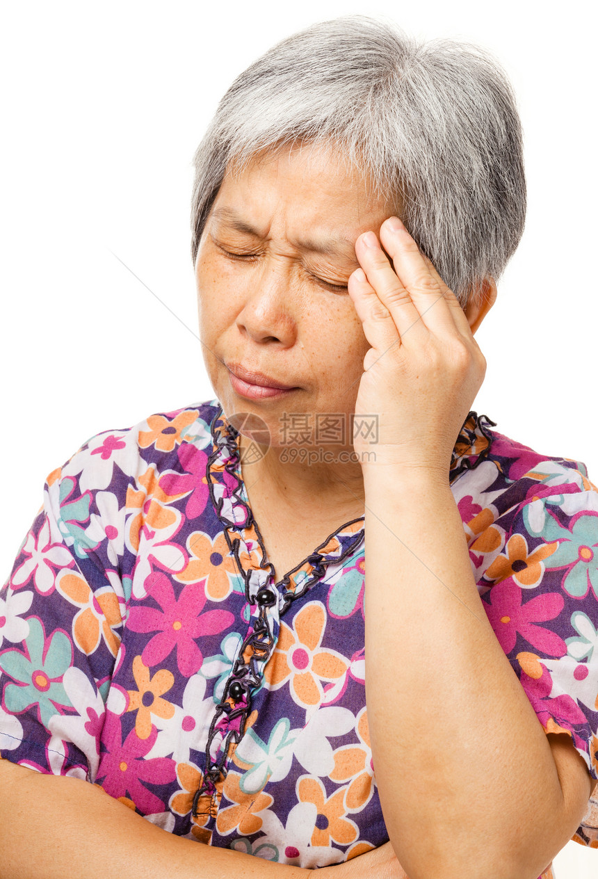 成熟的亚裔女性头痛压抑跑步女士治疗卫生疾病感染流感手帕组织图片