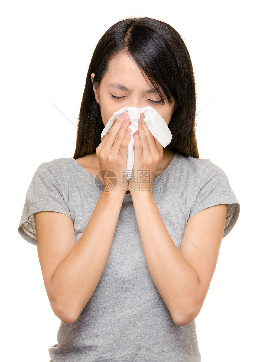 亚洲妇女打喷嚏喷嚏白色鼻子微笑疾病流鼻涕过敏跑步女性流感图片