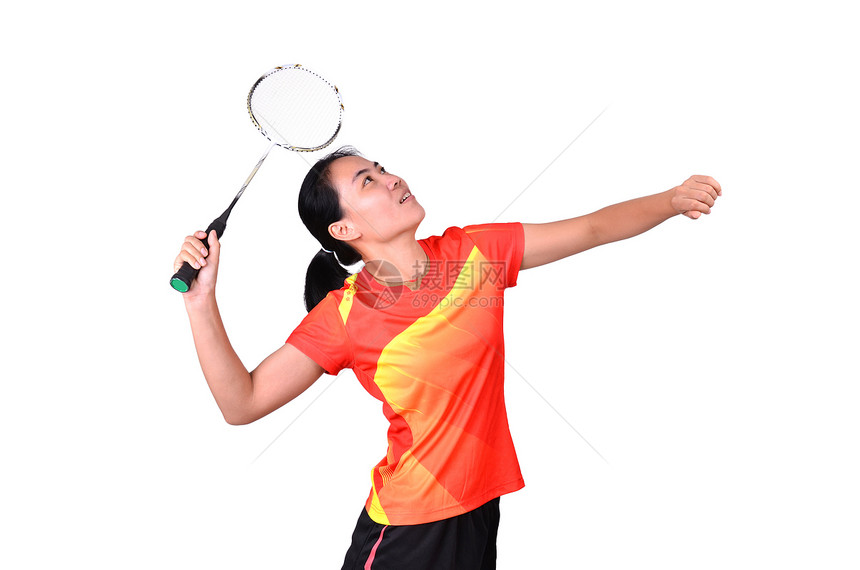 在白背景中孤立的羽毛球玩家女士行动乐趣游戏女性锻炼冒充活动球拍女孩图片