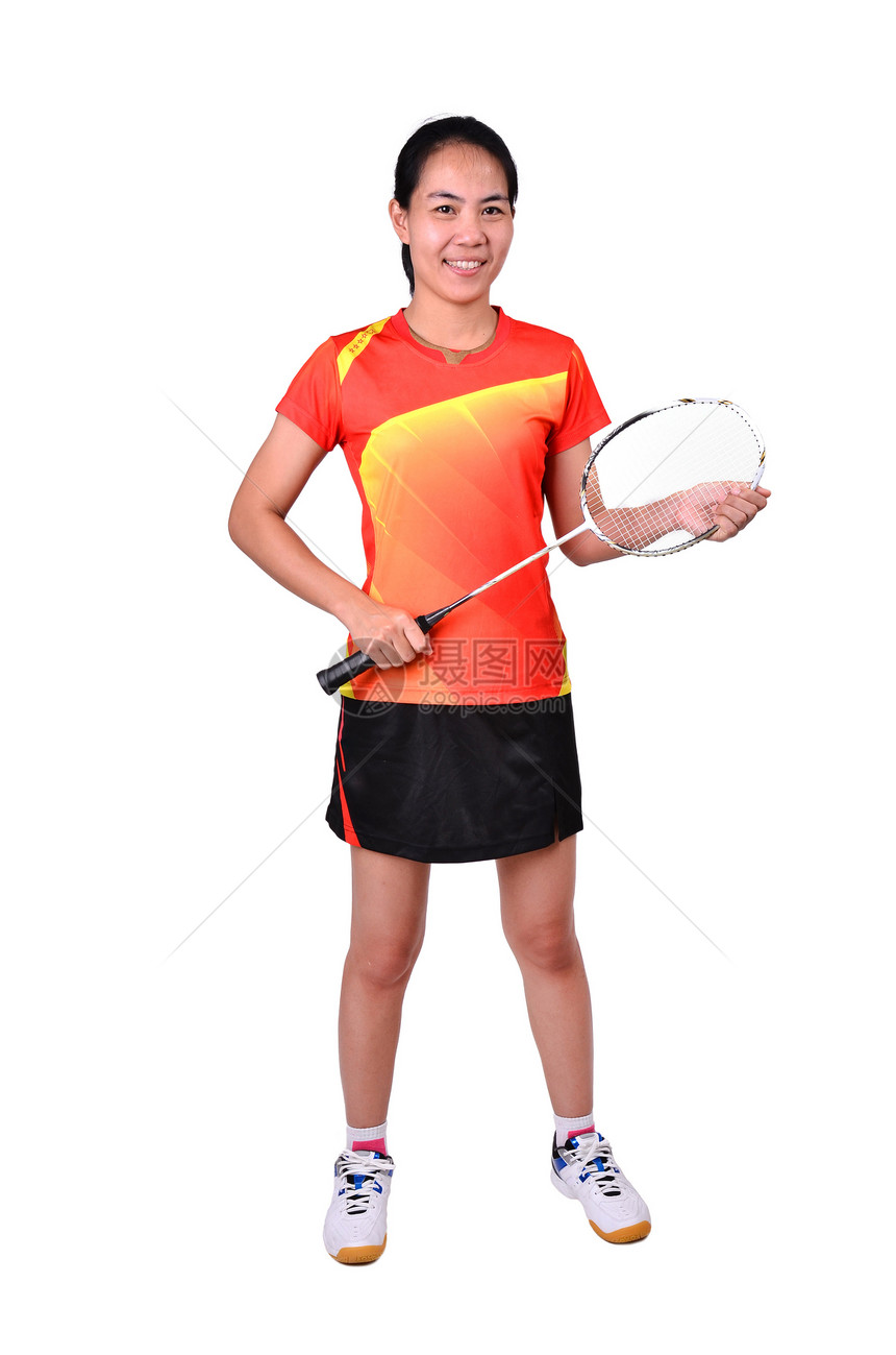 在白背景中孤立的羽毛球玩家训练乐趣锻炼白色喜悦女士活动女孩运动闲暇图片