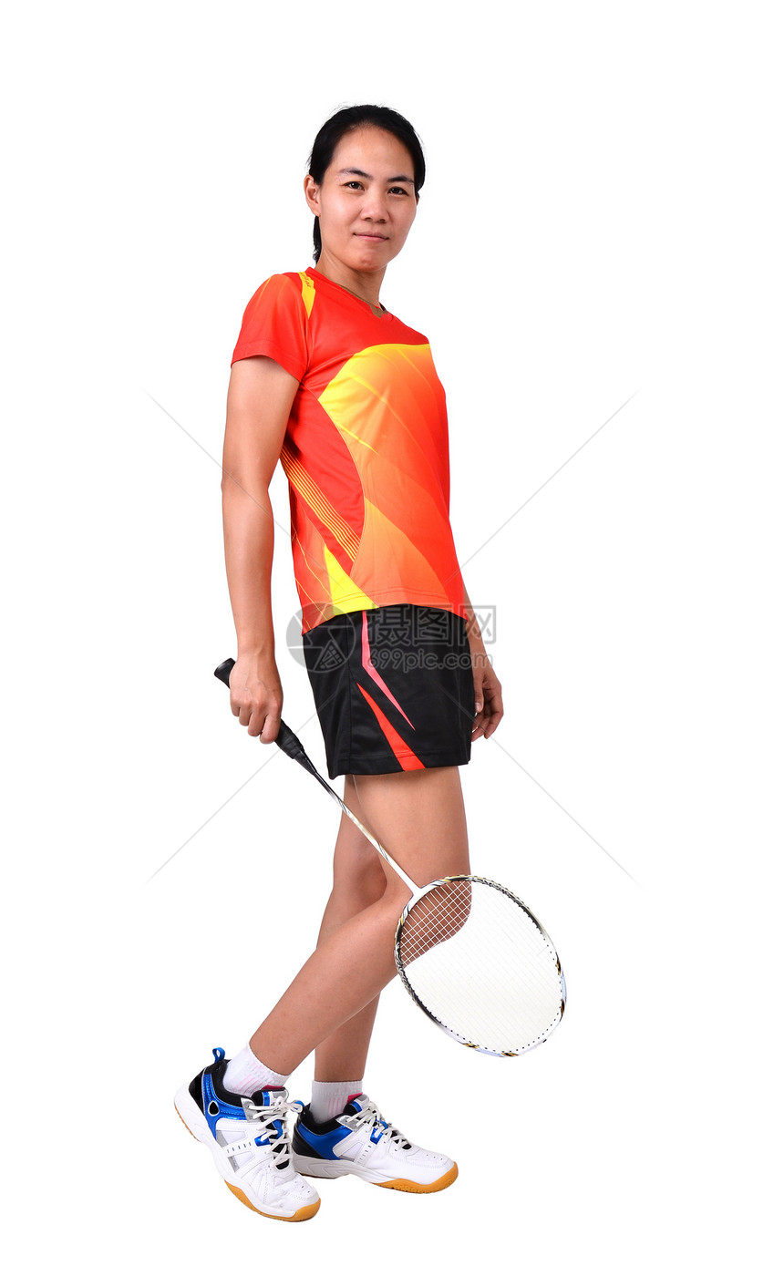 在白背景中孤立的羽毛球玩家游戏球拍运动锻炼行动训练女性女士成人喜悦图片