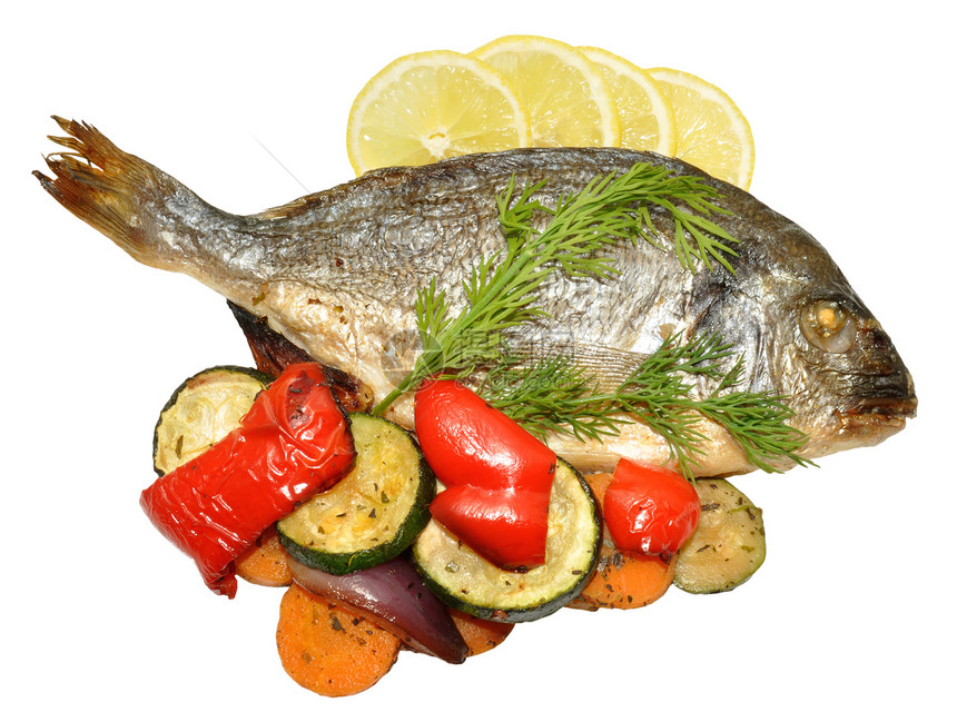 烤鱼和烧烤蔬菜黄色美食柠檬海鲜白色鲷鱼萝卜食物烹饪红辣椒图片