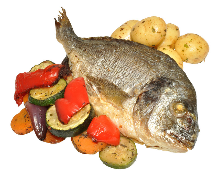 烤鱼和烧烤蔬菜白色鲷鱼土豆海鲜食物营养萝卜饮食美食烹饪图片