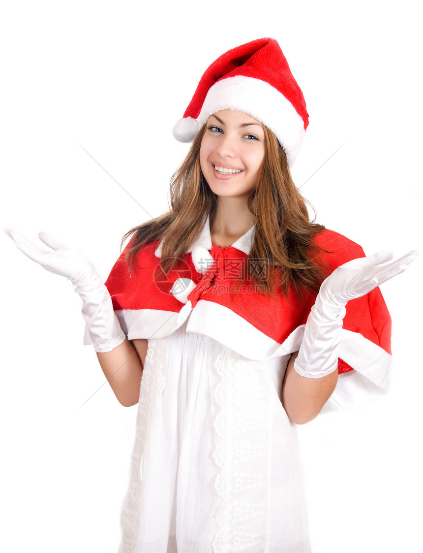微笑的年轻圣诞节妇女喜悦女孩们帽子木板女性牙齿女孩成人女士庆典图片