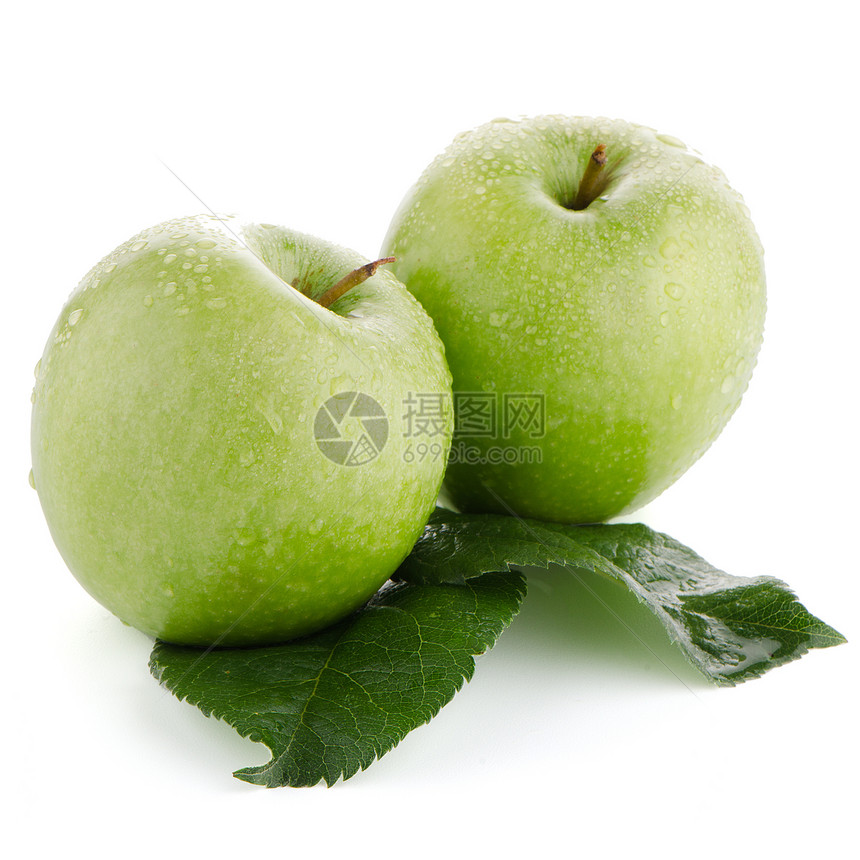 两个新鲜绿苹果收成营养小路剪裁食谱饮食保健食欲果味农业图片