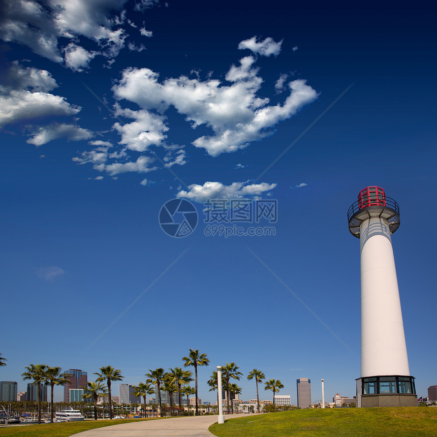 加州长滩天线 来自海滩棕榈海洋海岸灯塔建筑学假期城市旅行支撑图片