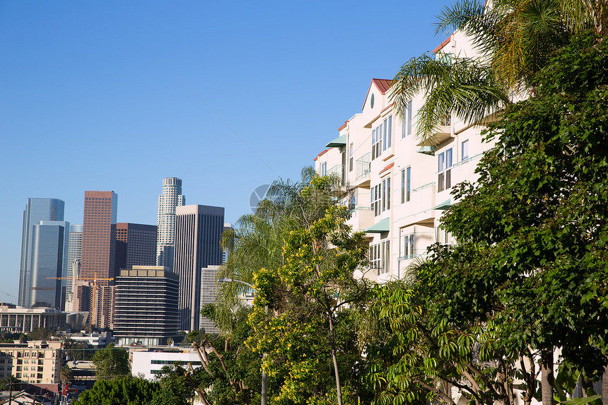 洛杉矶市中心 加利福尼亚州天际线职场旅行地标商业天空蓝色高楼城市景观办公室图片