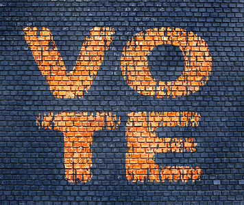 Word 在砖墙上投票活力橙子派对蓝色粮食砖块水泥木板表决长方形背景图片