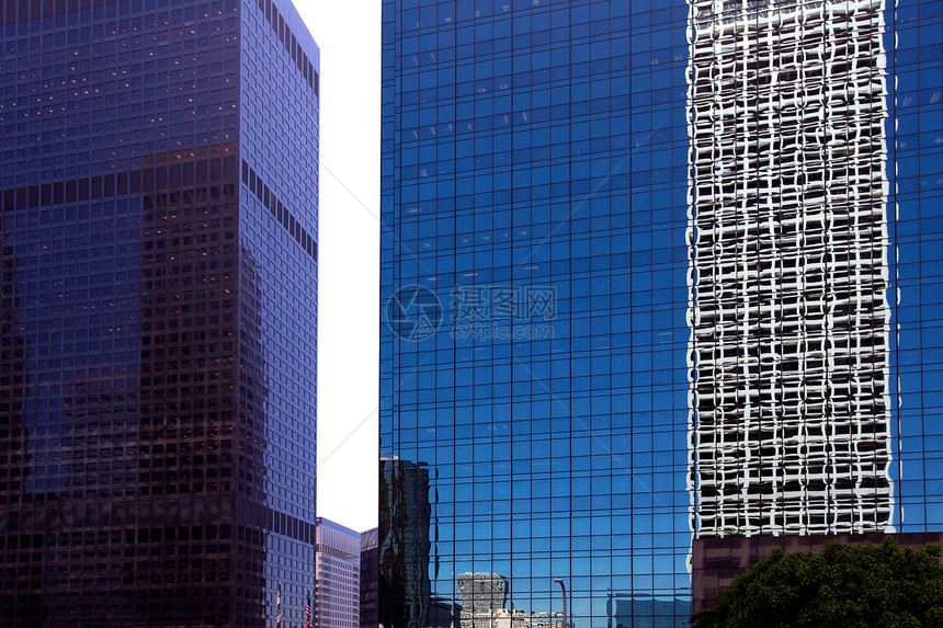 洛杉矶加利福尼亚州市中心区详细细节天空高楼建筑学天际摩天大楼办公室玻璃旅行市中心镜子图片