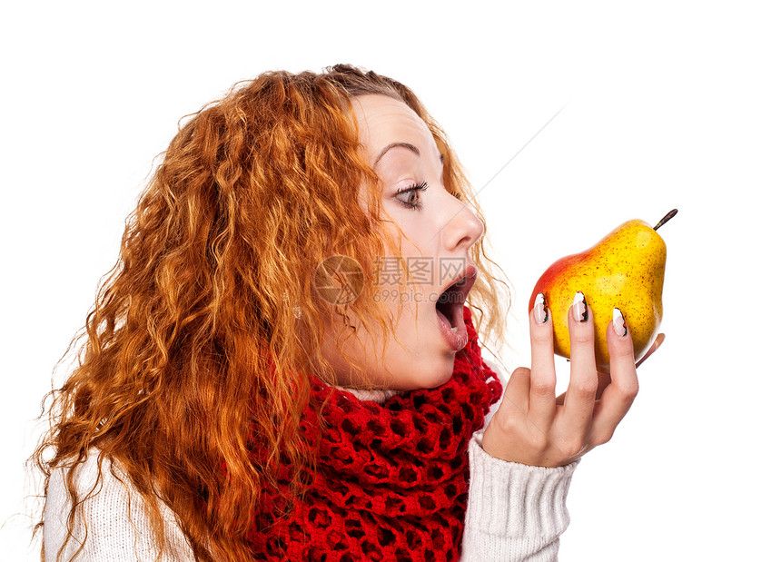 红头女孩想吃梨子食物卷曲乐趣女士维生素水果羊毛工作室围巾女性图片