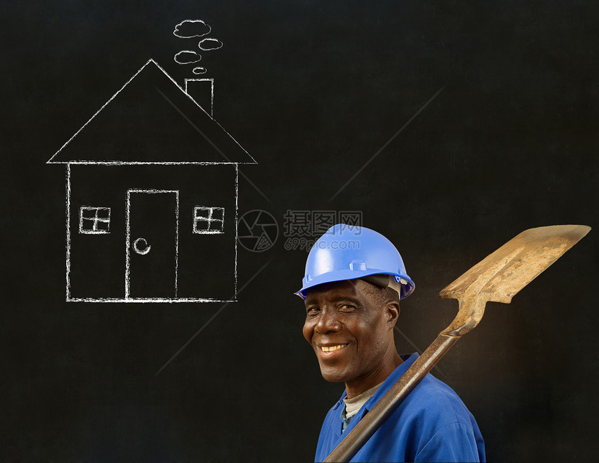 非洲黑人工人 有粉笔屋背景的非洲黑人工人工作黑色蓝色工匠工业安全帽住宅房子工作服插图图片