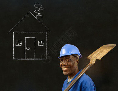 粉笔房子非洲黑人工人 有粉笔屋背景的非洲黑人工人工作黑色蓝色工匠工业安全帽住宅房子工作服插图背景