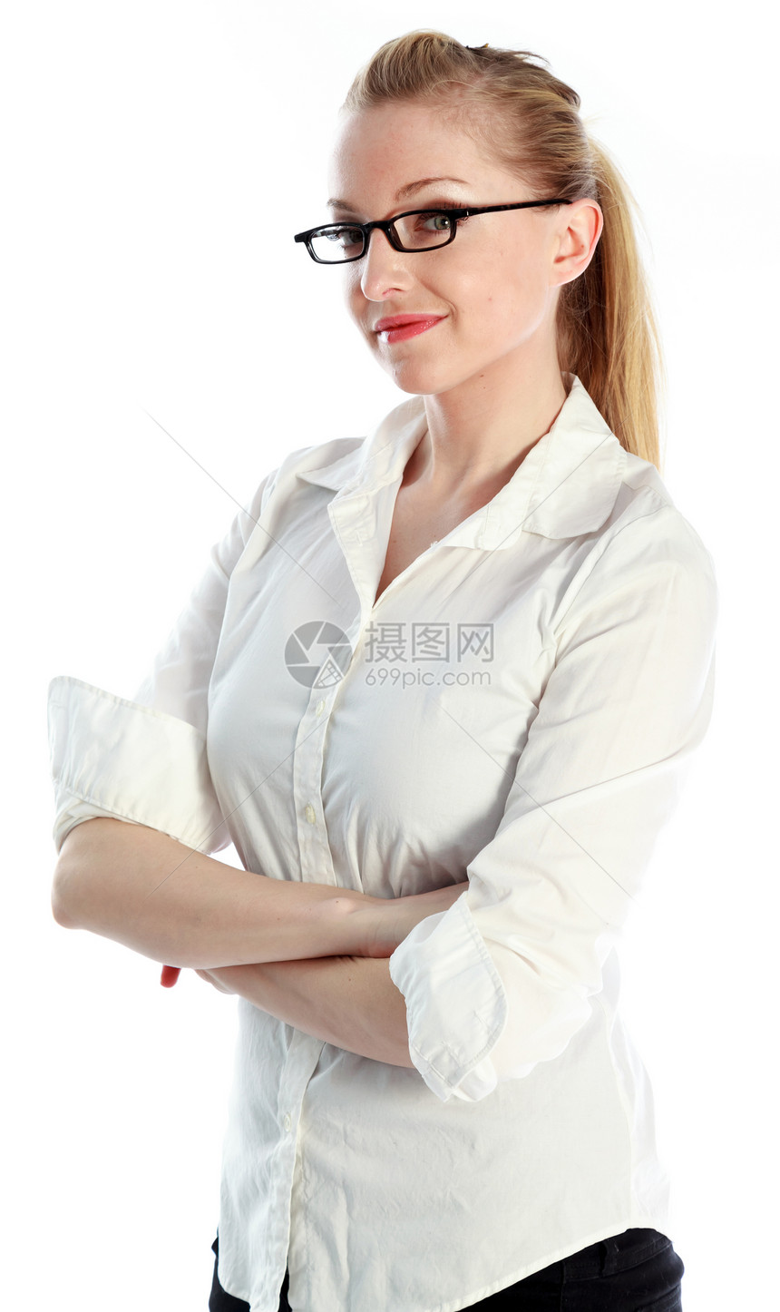 30岁有魅力的caucasian金发美女商务眼镜冒充女性长发人士休闲服白色腰部衬衫图片