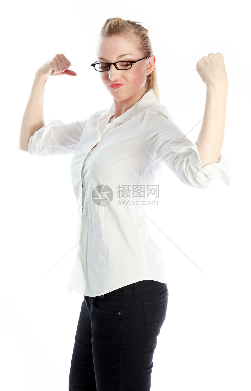 30岁有魅力的caucasian金发美女女性长发冒充休闲服长度白色力量腰部眼镜吸引力图片