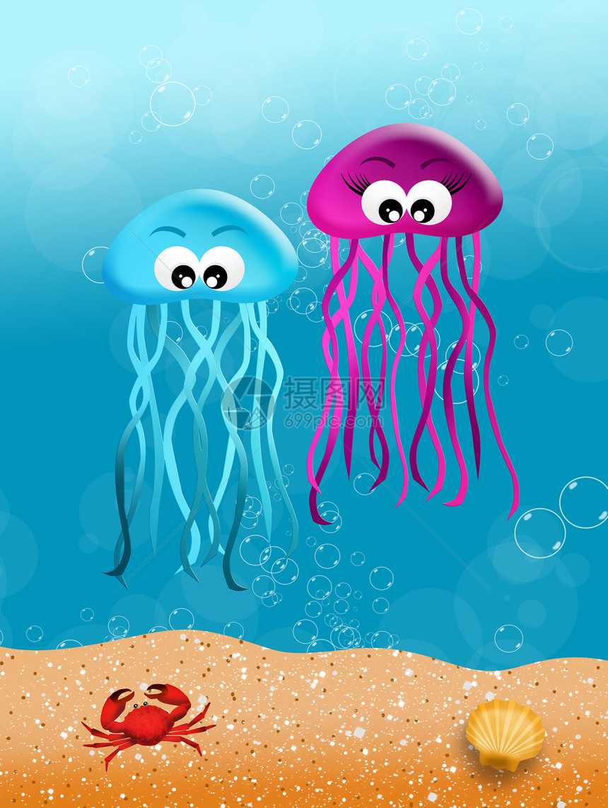 水母鱼海蜇紫色明信片蓝色乐趣插图热带绘画卡通片婚礼图片