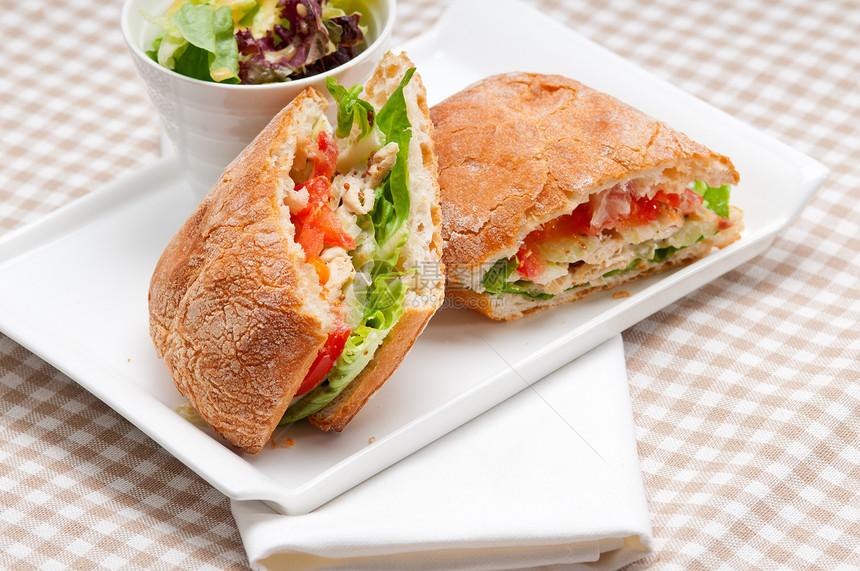 配鸡肉和番茄的意大利三明治食物营养小吃美食蔬菜午餐饮食叶子沙拉熟食图片