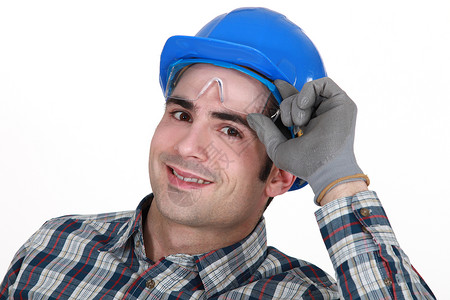 都没事的男性安全帽工厂建筑眼镜幸福公司健康衬衫安全背景图片