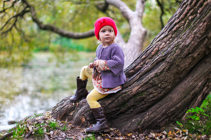 在秋天公园湖边 穿红帽的可爱小女孩女性叶子女孩童年橙子季节公园喜悦木头衣服图片