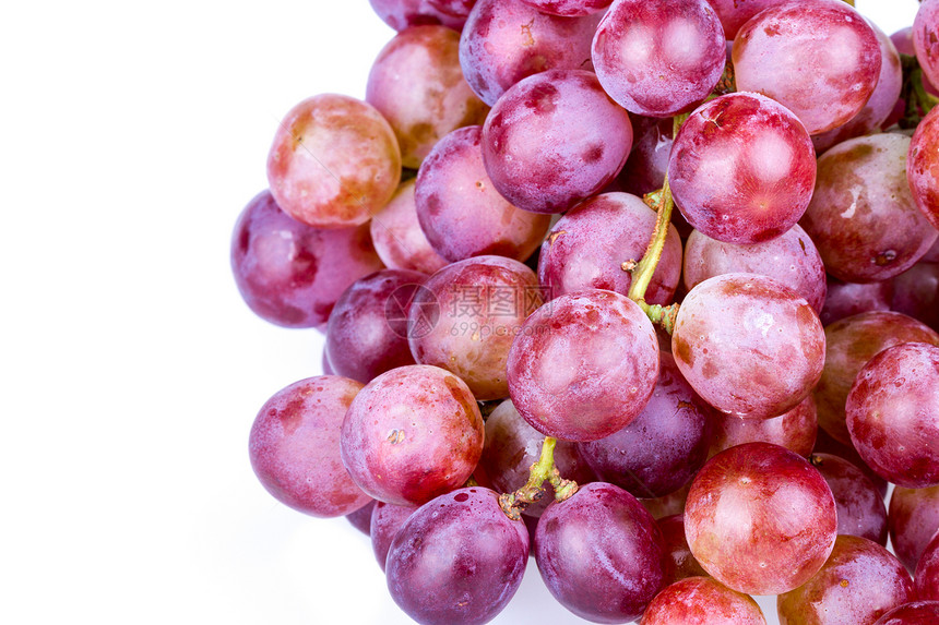 白底的红葡萄团团红色果汁绿色藤蔓生长食物植物收成叶子水果图片