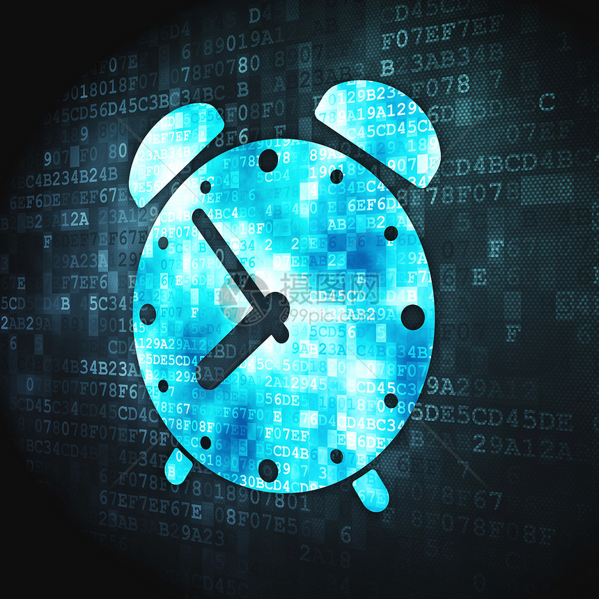 数字背景上的时间轴概念闹钟倒数警报屏幕蓝色小时时间日程展示像素化技术图片