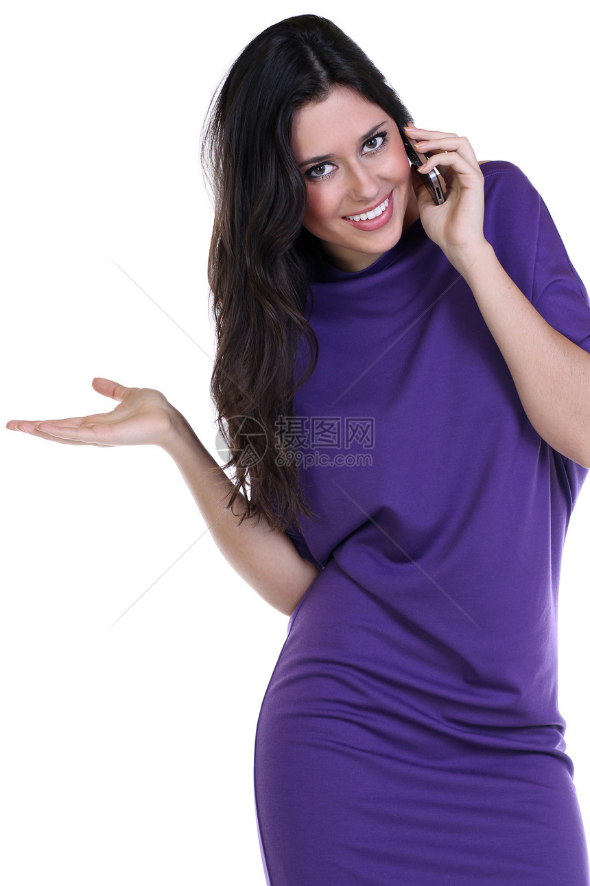 美丽的白发美女黑发细胞手机展示电话女士快乐成人技术商务图片