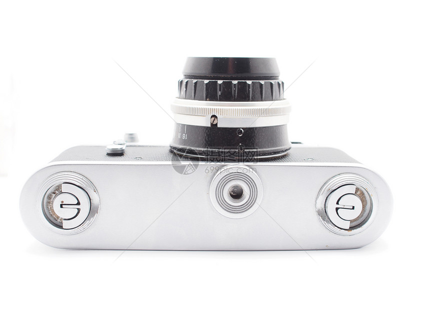 白色背景的旧相机古董齿轮技术磁带工具毫米镜片摄影电影宏观图片