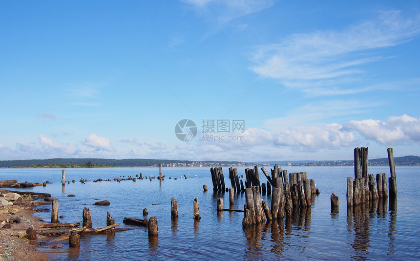 湖中的旧堆积物木头反射海滩运输晴天蓝色天空港口全景丘陵图片