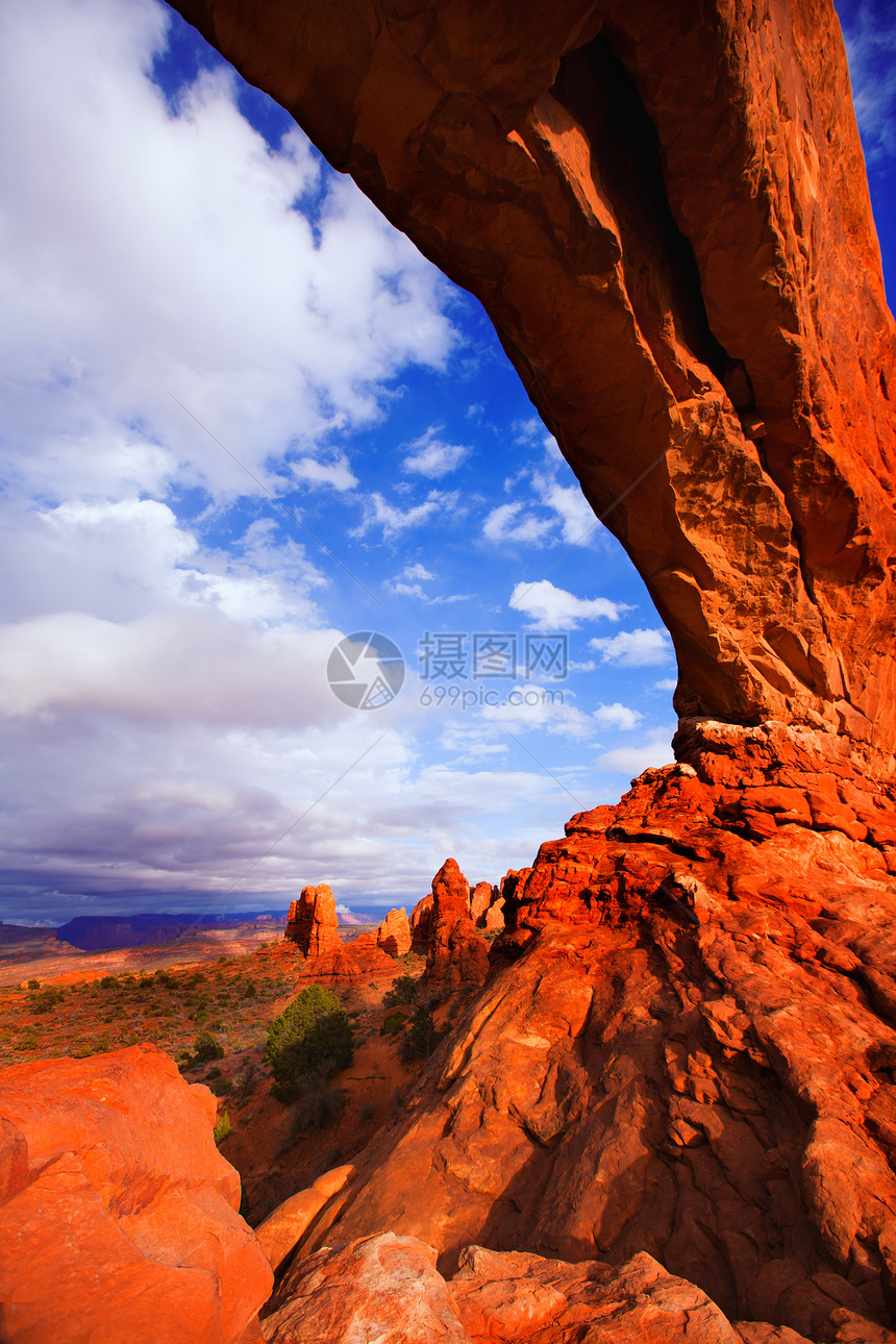 美国Moab Utah国家公园地平线砂岩石头土地窗户悬崖地质学蓝色橙子干旱图片