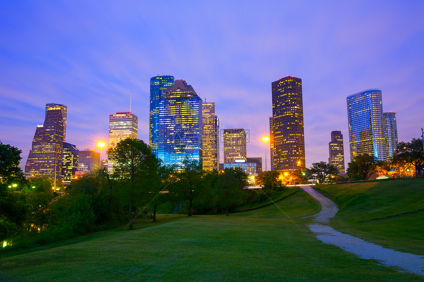 休斯顿德克萨斯州现代天线 在公园的日落黄昏时城市旅行职场镜子高楼天空中心办公室市中心建筑物图片